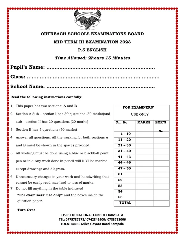 Cover of P.5 English Mid Term III Examination 2023 – OSEB (P5 English Past Paper)