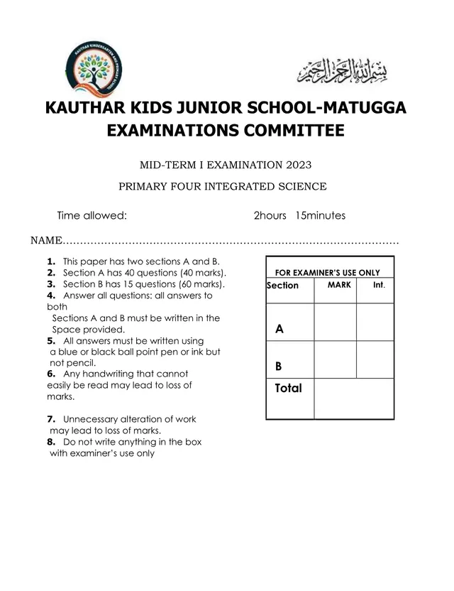Cover of Primary Four Science Mid-Term I Examination 2023 – Kauthar Kids Junior School (P5 Science Past Paper)