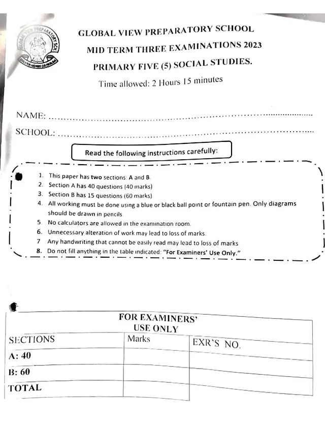 Cover of Global View Preparatory School P5 Social Studies Mid Term III Exam 2023 (P5 Social Studies Past Paper)