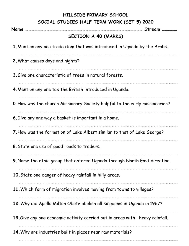 Cover of P5 Social Studies Half Term Work Set 5 2020 – Hillside Primary School (P5 Social Studies Past Paper)