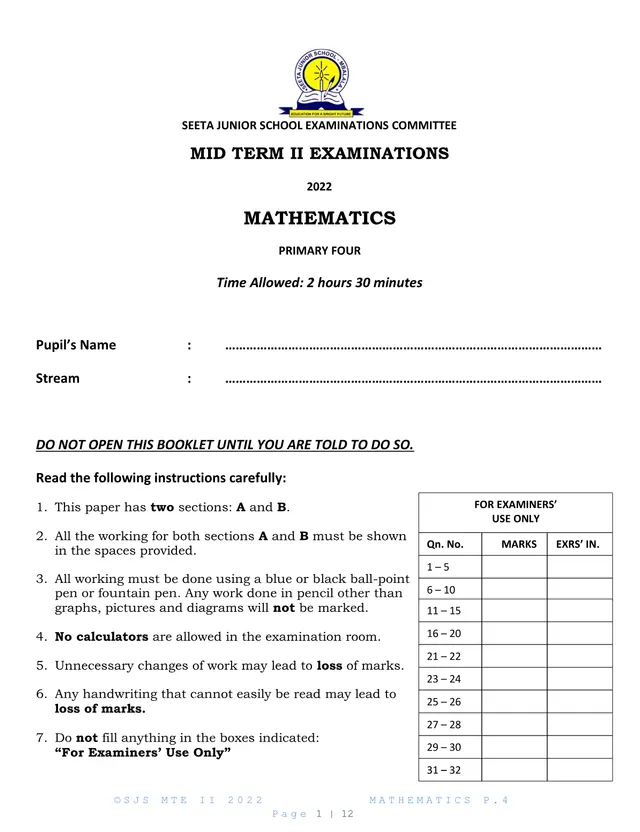 Cover of Seeta Junior School P.4 Mathematics Mid Term II Examination 2022 (P4 Mathematics Past Paper)