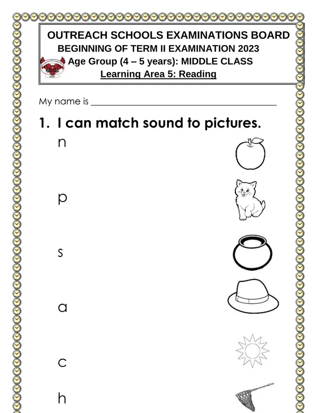Cover of Middle Class Reading Exam (Learning Area 5), Beginning of Term II 2023 (Middle Literacy Past Paper)