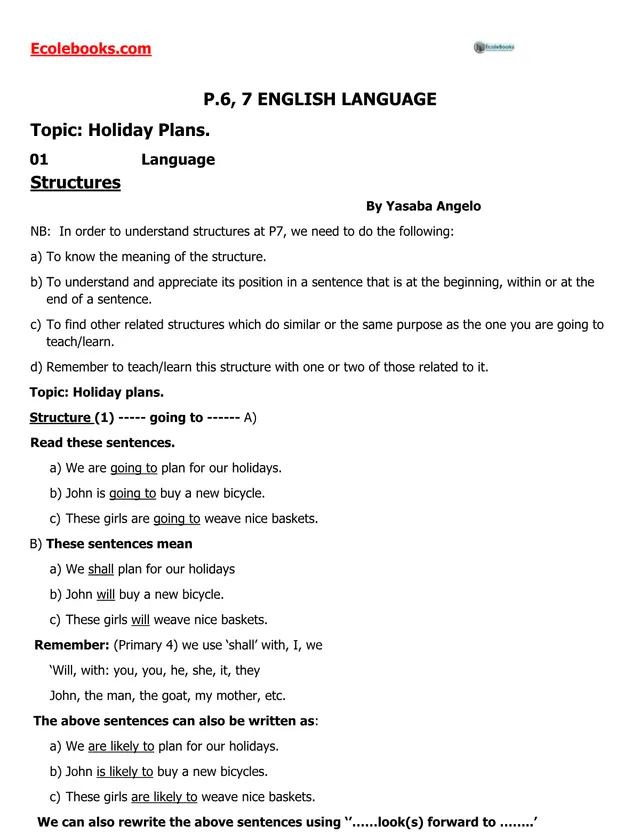 Cover of P6–P7 English: Holiday Plans – 'Going to' Structures and Question Tags (P5 English Notes)