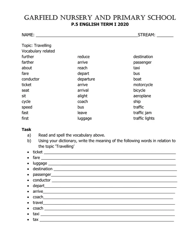Cover of P.5 English Term 1 2020 Recess Work: Travelling Vocabulary and Adverbs (P5 English Past Paper)