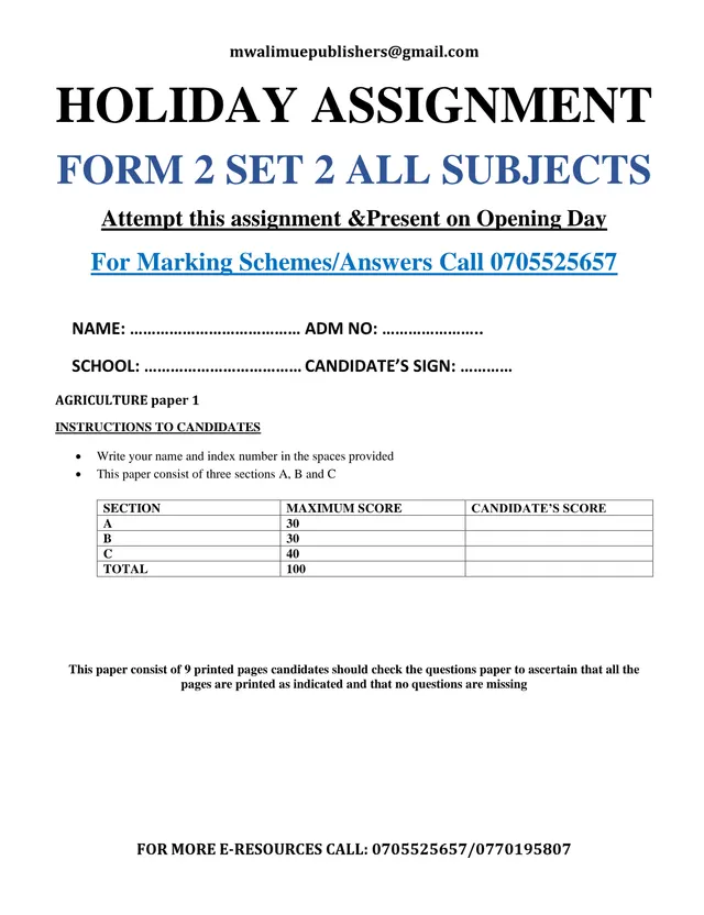 Cover of Form 2 Holiday Assignment Set 2 – Multi-Subject Exam Papers (2020) (S2 Agriculture Holiday Package)