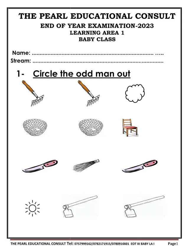 Cover of Baby Class Learning Area 1 End of Year Exam 2023 (Term 3) (Baby Literacy Past Paper)