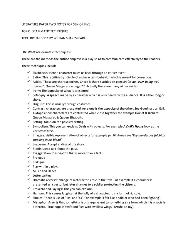 Cover of Senior Five Literature Paper Two Notes: Dramatic Techniques in Richard III (S5 Literature Past Paper)