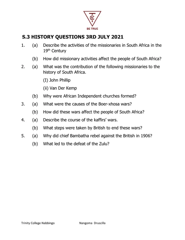 Cover of S3 History Revision Questions: Missionaries and Wars in South Africa (July 2021) (S3 History Revision Material)