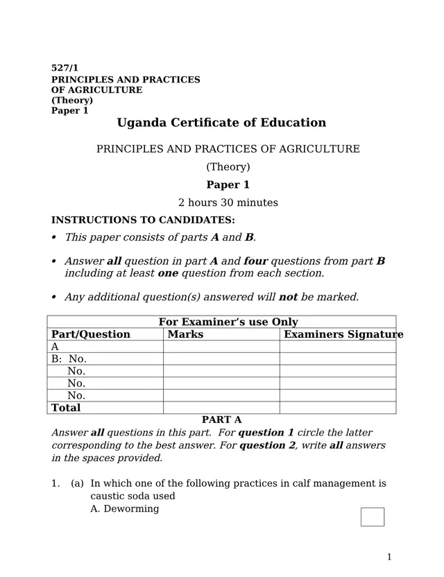 Cover of UCE Agriculture Paper 1 (527/1): Principles and Practices of Agriculture Theory (S4 Agriculture Past Paper)