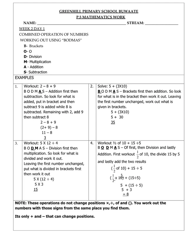 Cover of Primary Five Mathematics Work, Term 1, 2020 – Greenhill Primary School (P5 Mathematics Past Paper)