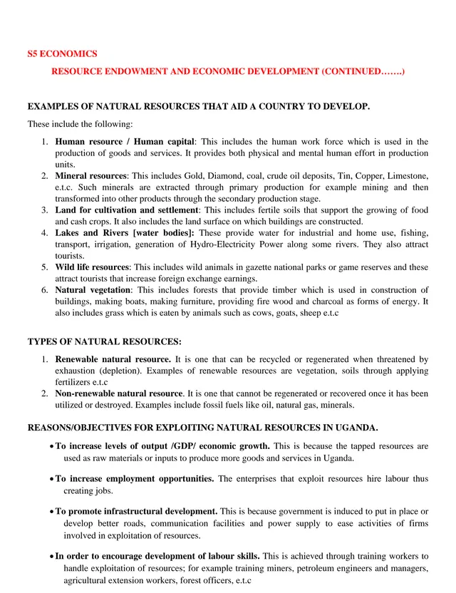 Cover of Resource Endowment and Economic Development – S5 Economics Notes (S5 Economics Notes)