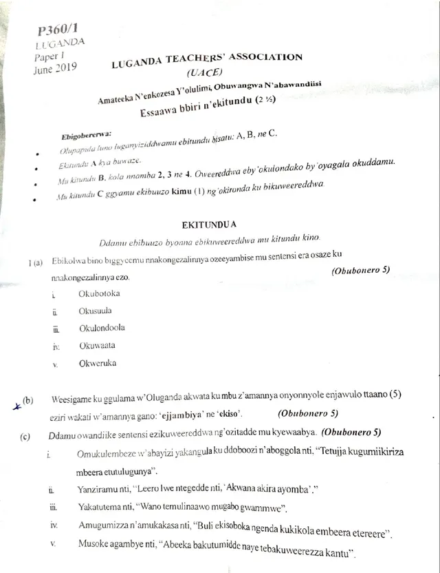 Cover of UACE Luganda Paper 1 (360/1) – Uganda Teachers' Association, June 2019 (Luganda Past Paper)