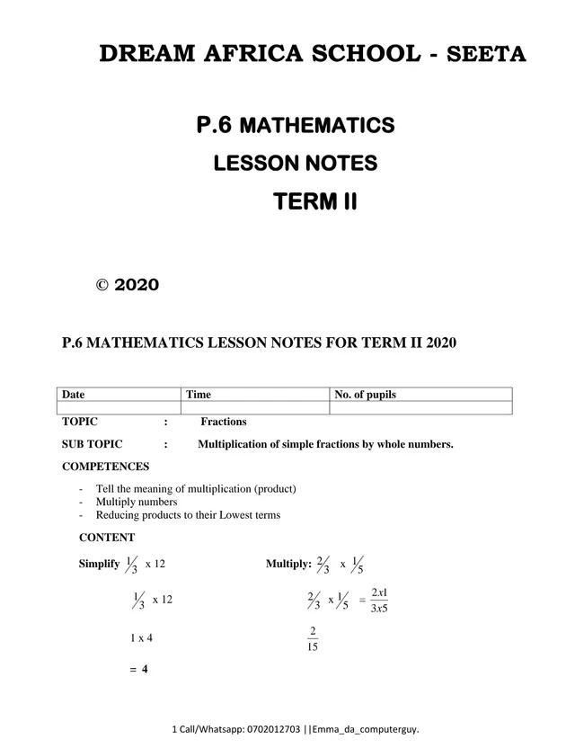 Cover of P6 Mathematics Lesson Notes, Term 2, 2020 (P5 Mathematics Notes)