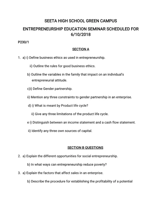 Cover of Entrepreneurship Education Seminar Questions and Answer Guides (P230, 2018) (P2 Entrepreneurship Revision Material)