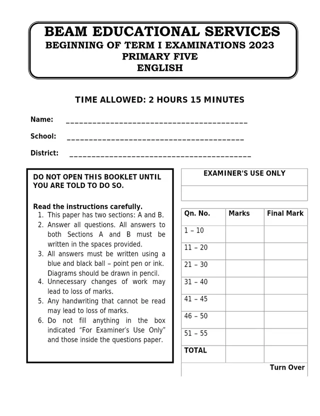 Cover of Primary Five English Beginning of Term I Examination 2023 – BEAM Educational Services (P5 English Past Paper)