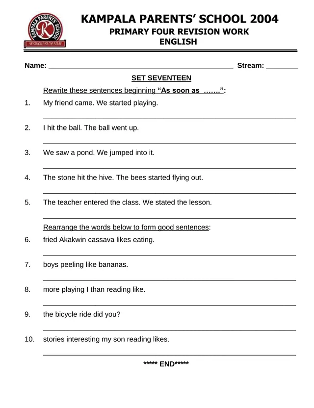 Cover of Primary Four Revision Work Set 17 – Kampala Parents’ School (P4 English Notes)