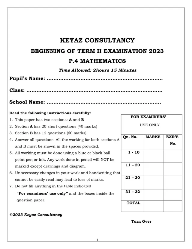 Cover of P.4 Mathematics Beginning of Term II Examination 2023 – Keyaz Consultancy (P4 Mathematics Past Paper)