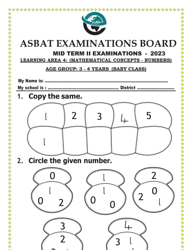 Cover of Baby Class Numbers Mid Term II Examination 2023 – ASBAT Examinations Board (Baby Mathematics Past Paper)