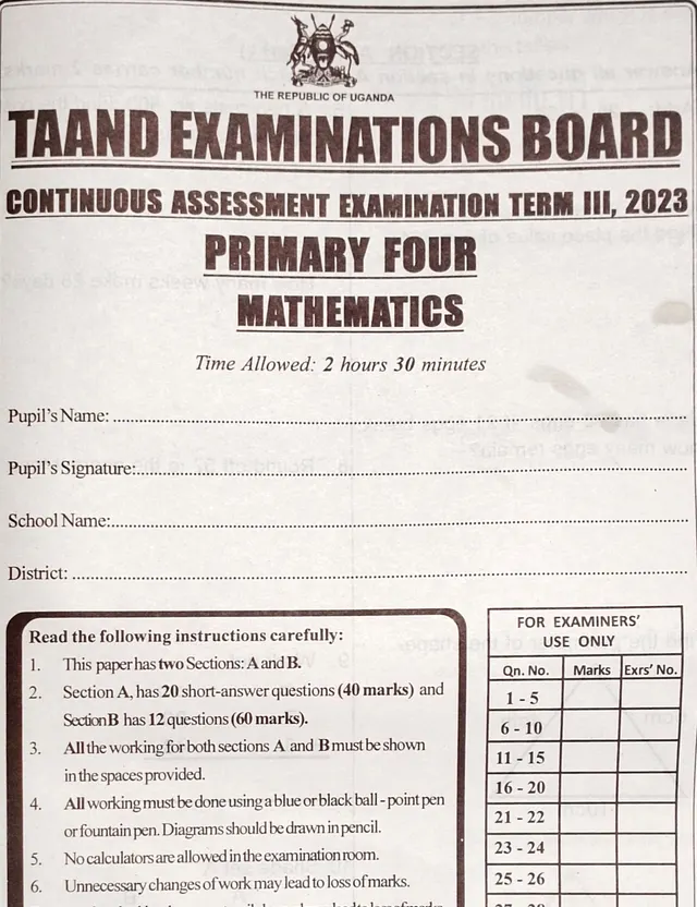 Cover of TAAND Primary Four Mathematics End of Term III Examination 2023 (P4 Mathematics Past Paper)
