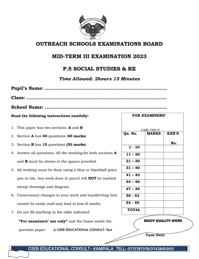 Cover of P.5 Social Studies & RE Mid-Term III Examination 2023 (OSEB) (P5 Social Studies Past Paper)