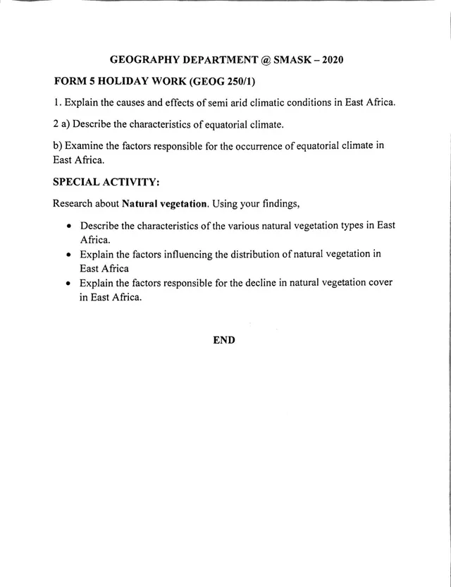 Cover of S5 Geography Paper 1 Holiday Work 2020: East African Climate and Natural Vegetation (S5 Geography Revision Test)