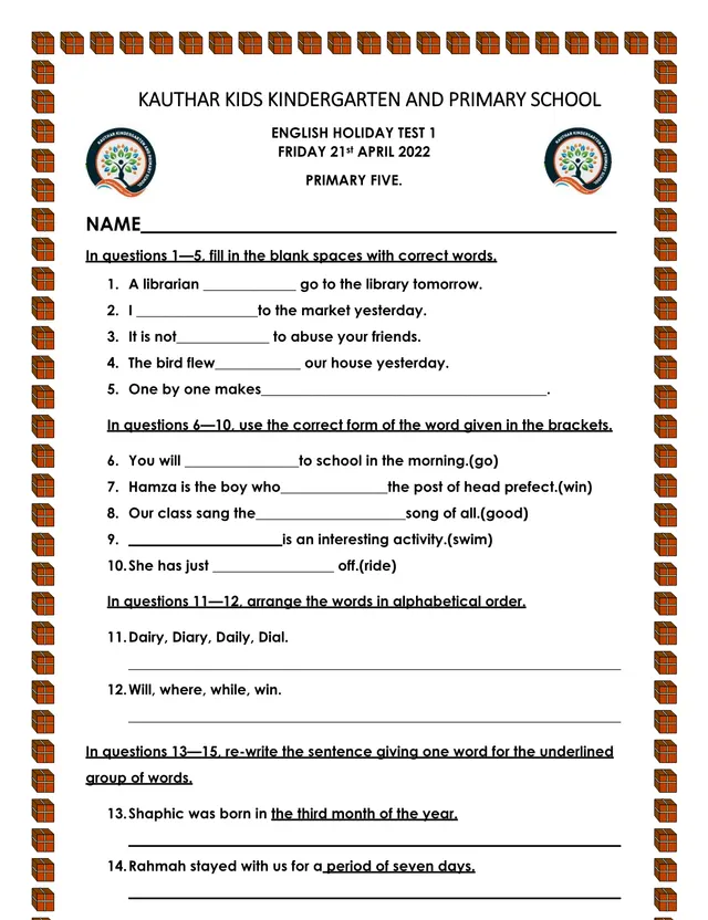 Cover of Primary Five English Holiday Test 1 (2022) (P5 English Past Paper)