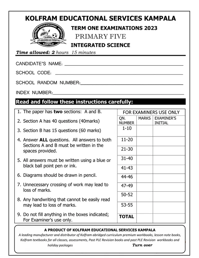 Cover of Kolfram P.5 Integrated Science Term One Examination 2023 (P5 Science Past Paper)