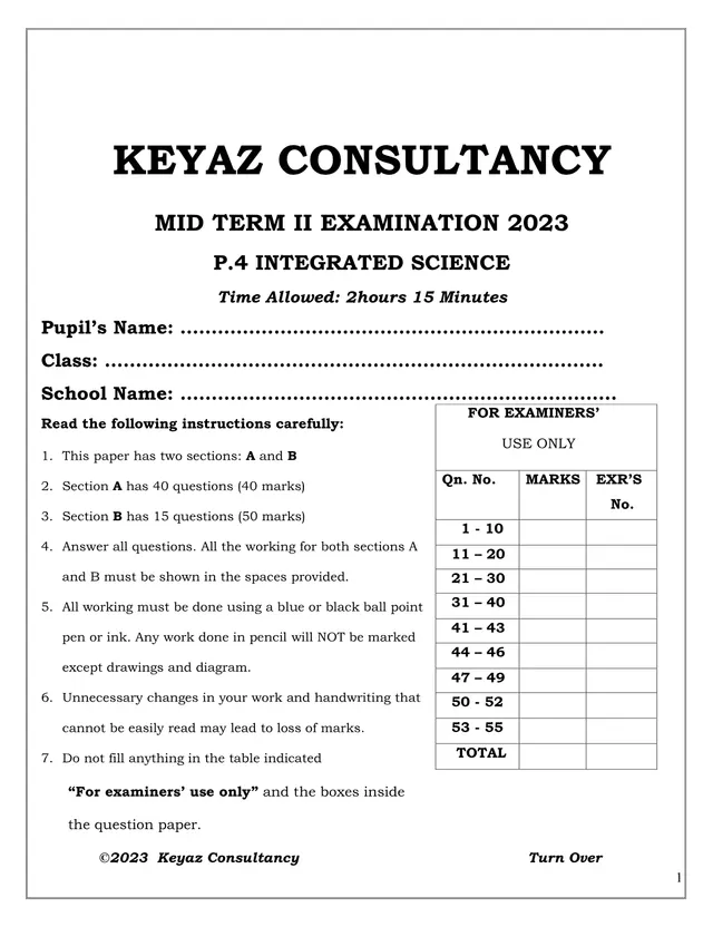 Cover of P4 Integrated Science Mid-Term II Examination 2023 (P4 Science Past Paper)