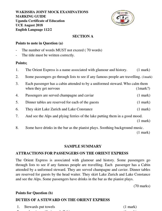 Cover of WAKISSHA Joint Mock 2018 UCE English Language Paper 2 (112/2) Marking Guide (P2 English Marking Guide)