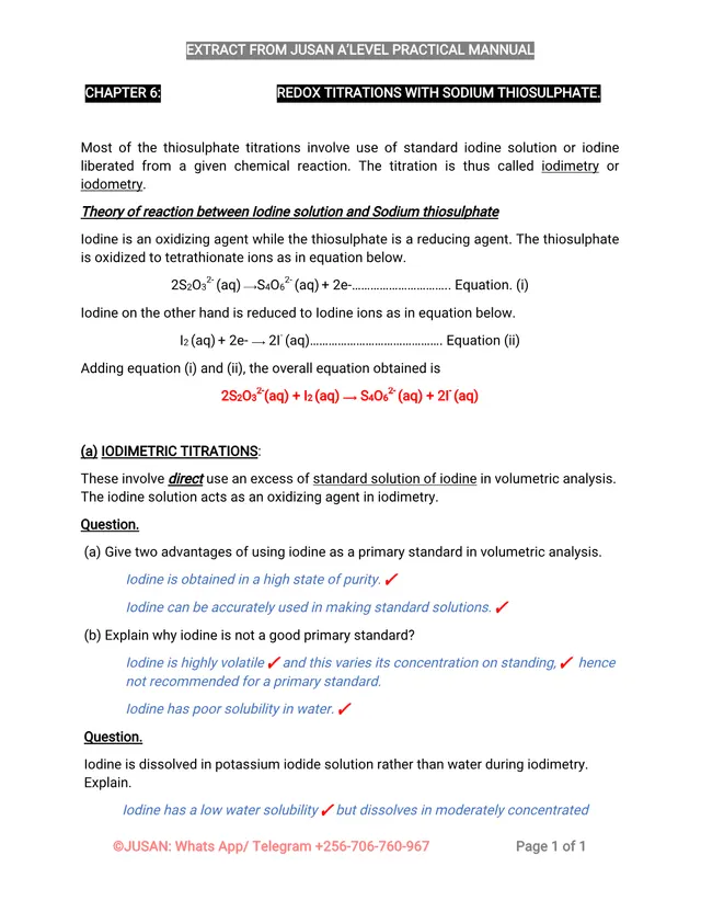 Cover of A-Level Chemistry Practical Manual Extract: Redox Titrations with Sodium Thiosulphate (Chemistry Notes)
