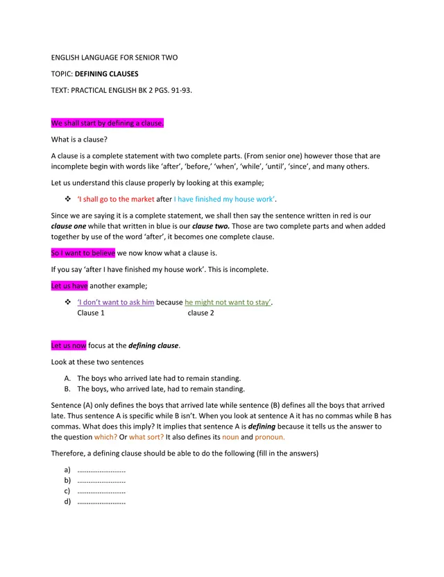 Cover of English Language for Senior Two: Defining Clauses (S2 English Notes)