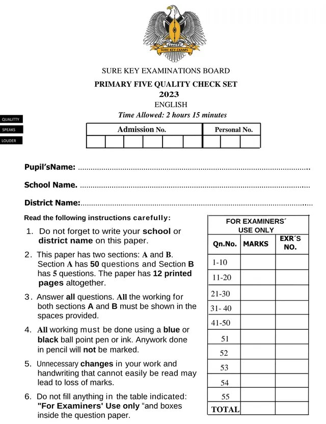 Cover of Primary Five English Quality Check Exam 2023 – Sure Key Examinations Board (P5 English Past Paper)
