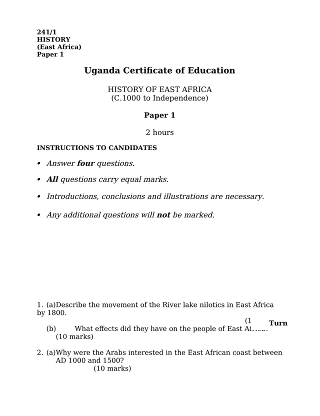 Cover of UCE History Paper 1 (241/1): History of East Africa c.1000 to Independence (S4 History Past Paper)