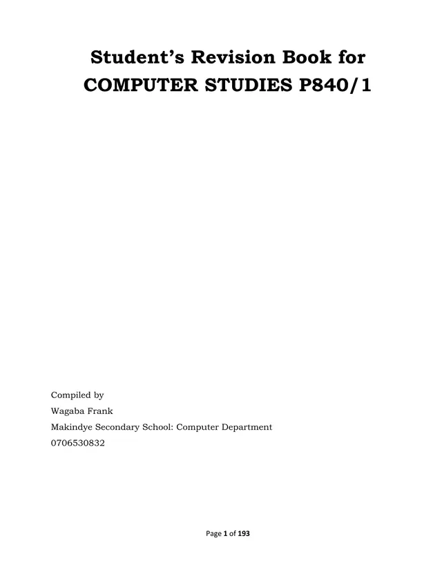 Cover of Student's Revision Book for Computer Studies P840/1 (O Level) (Computer Studies Revision Material)