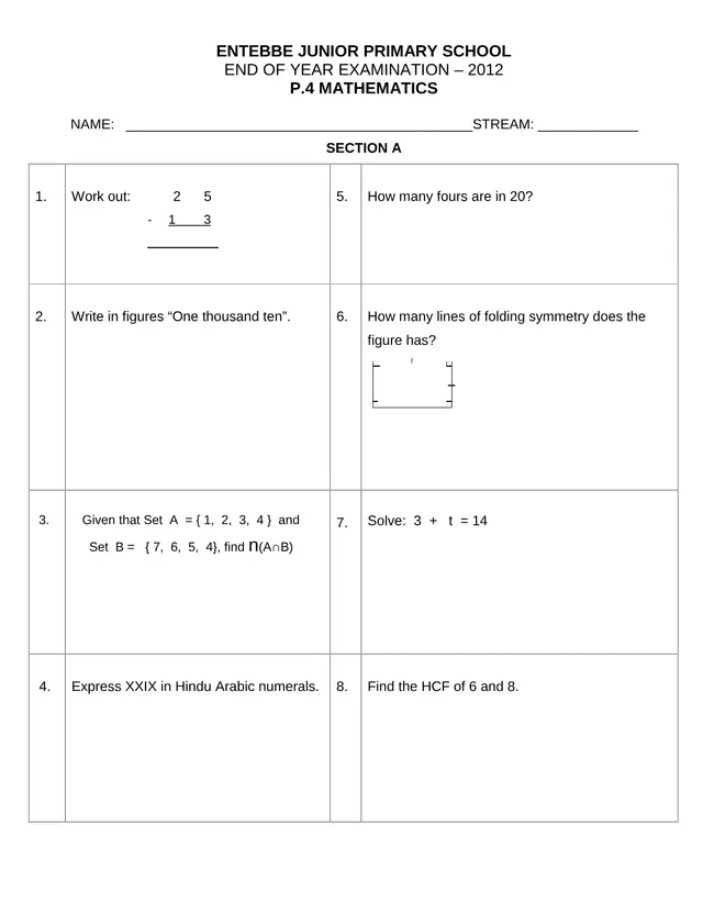 Cover of P.4 Mathematics End of Year Examination 2012 – Entebbe Junior Primary School (P4 Mathematics Past Paper)