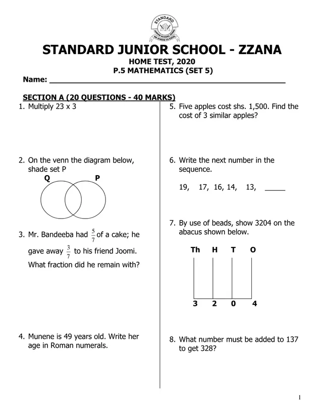Cover of P5 Mathematics Home Test 2020 – Set 5 (P5 Mathematics Past Paper)