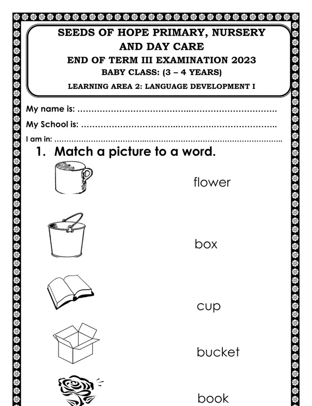 Cover of Baby Class Language Development I End of Term III Exam 2023 – Seeds of Hope (Baby Literacy Past Paper)