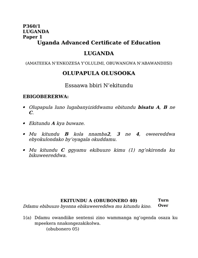 Cover of UACE Luganda Paper 1 (P360/1): Grammar, Culture and Literature (S6 Luganda Past Paper)