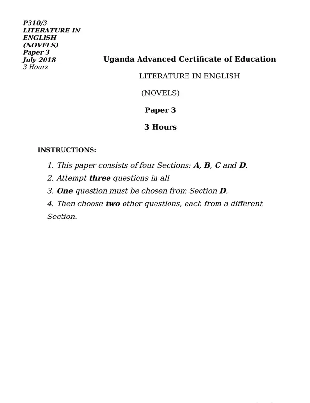 Cover of UACE Literature in English Paper 3 (Novels) P310/3 – July 2018 (P3 Literature Past Paper)