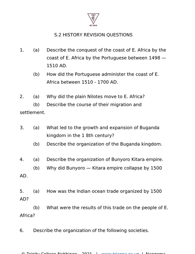 Cover of Senior 2 History Revision Questions on East African History (S2 History Revision Material)