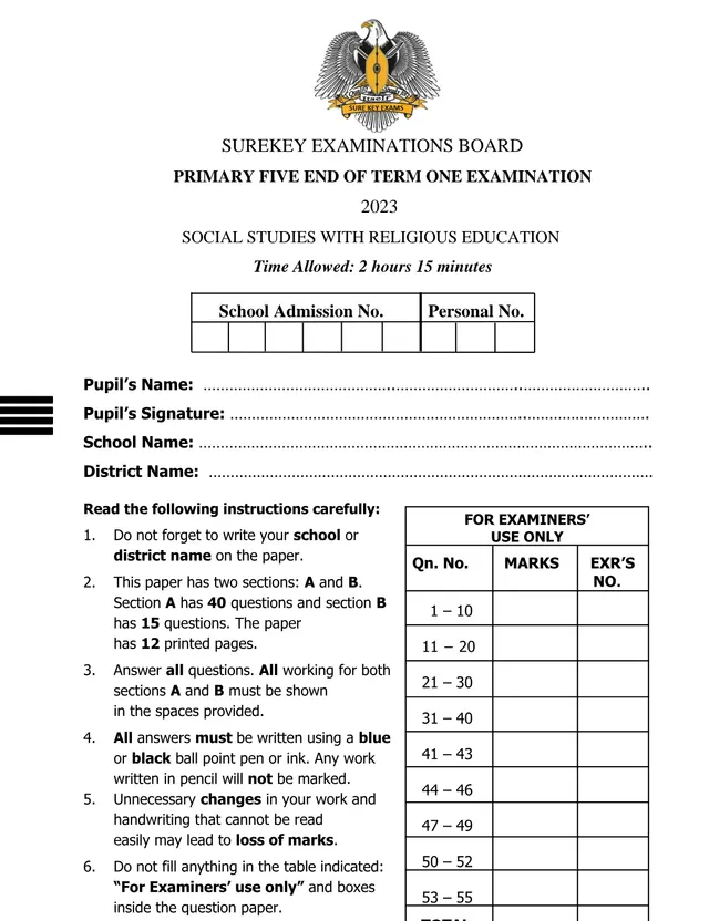 Cover of Primary 5 Social Studies with RE End of Term One Examination 2023 (Surekey) (P5 Social Studies Past Paper)