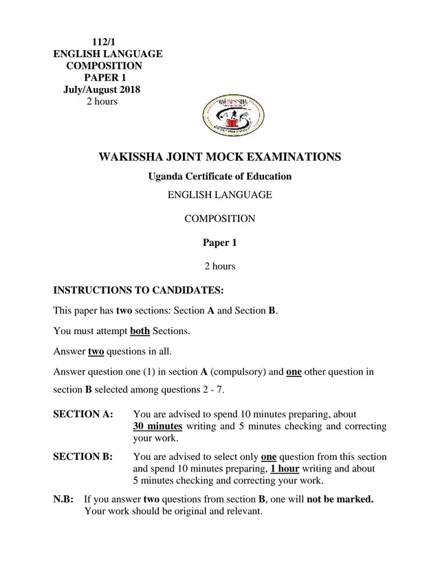 Cover of WAKISSHA UCE Mock 2018 English Language Paper 1 (Composition) 112/1 (P1 English Mock Paper)