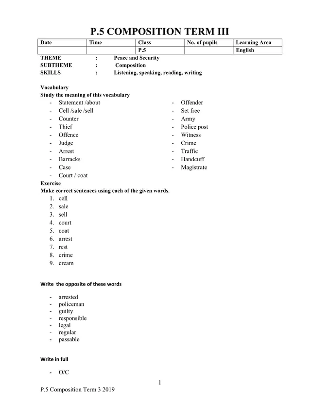 Cover of P.5 English Composition and Comprehension Lesson Notes, Term 3 (P5 English Notes)