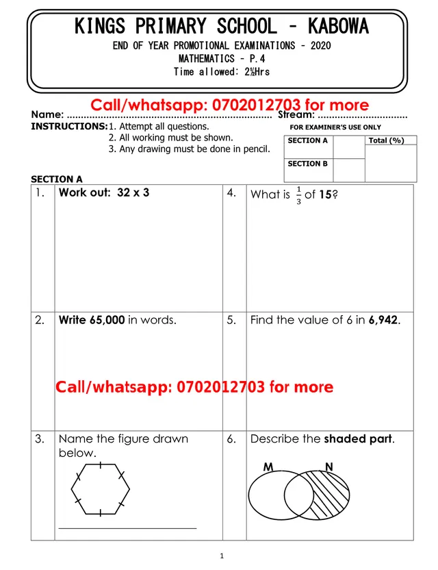 Cover of P.4 Mathematics End of Year Promotional Examination 2020 – Kings Primary School Kabowa (P4 Mathematics Past Paper)