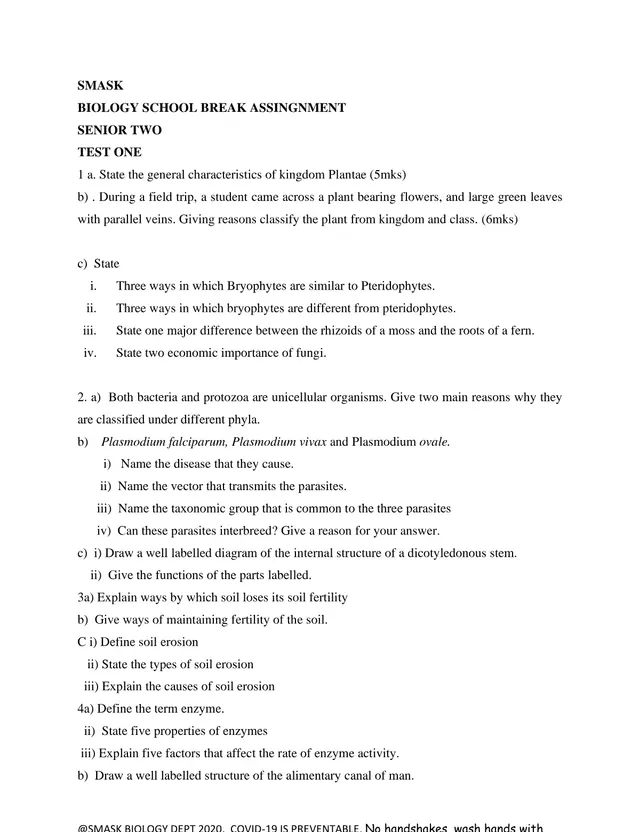 Cover of Senior Two Biology School Break Assignment: Tests One and Two (2020) (S2 Biology Revision Test)