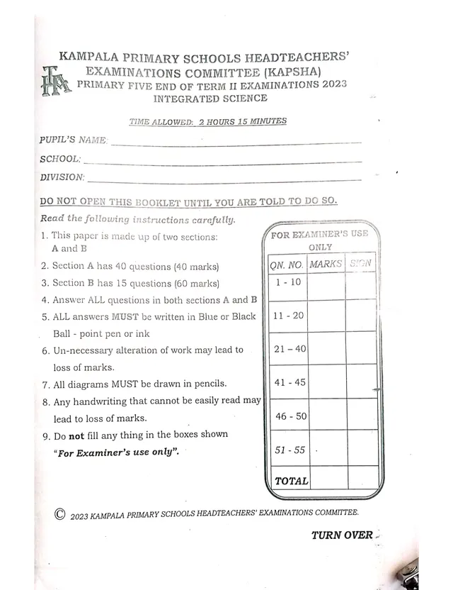 Cover of Primary Five Integrated Science Term II Examination 2023 – KAPSHA (P5 Science Past Paper)
