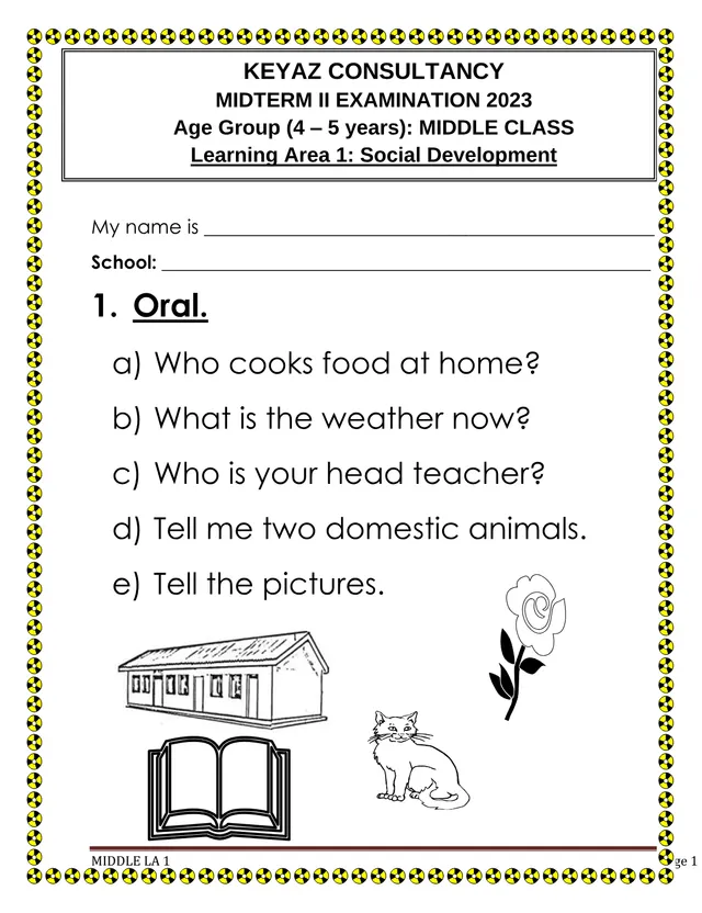 Cover of Middle Class Learning Area 1 (Social Development) Midterm II Exam 2023 (Middle Social Studies Past Paper)