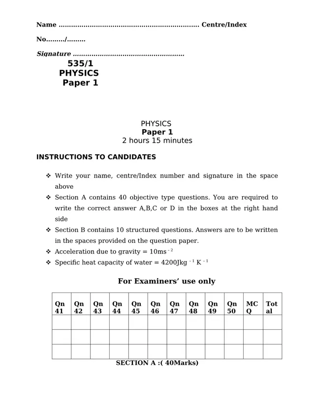 Cover of S4 Physics Paper 1 (535/1) Exam with Objective and Structured Questions (S4 Physics Past Paper)