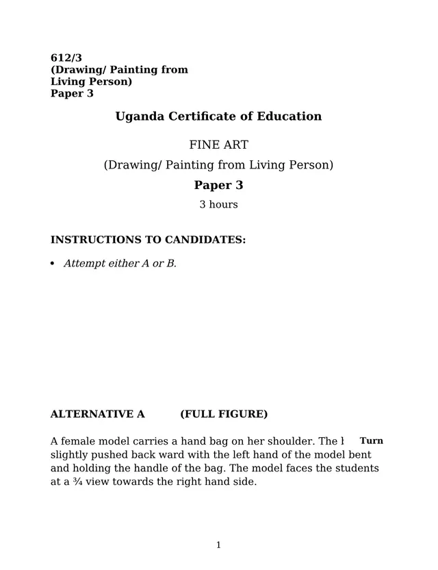 Cover of UCE Fine Art Paper 3 (612/3): Drawing/Painting from a Living Person (S4 Fine Art Past Paper)