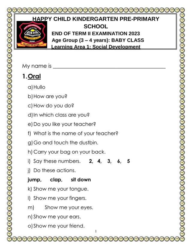 Cover of Baby Class Social Development End of Term II Examination 2023 (Baby Social Studies Past Paper)